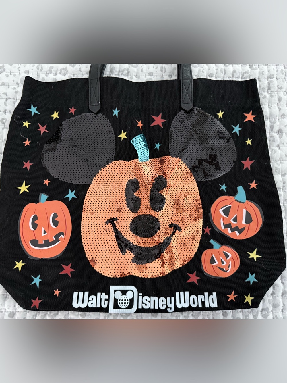 Disney Black Tote with Orange Sequin Pumpkin Mickey and Teal Stem